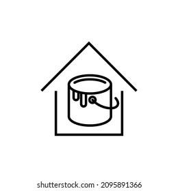 Building as establishment or facility. Outline monochrome sign in flat style. Suitable for stores, advertisements, articles, books etc. Line icon of bucket with dye inside of house 