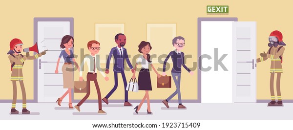 Building evacuation procedure, workplace\
emergency escape training. Drill for employees on leaving office in\
life-threatening situation under firemen control. Vector flat style\
cartoon illustration