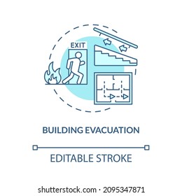 Building evacuation turquoise concept icon. Emergency exit plan for rescue abstract idea thin line illustration. Isolated outline drawing. Editable stroke. Roboto-Medium, Myriad Pro-Bold fonts used