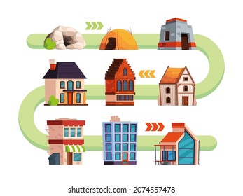 Building evolution. Cave and ancient houses futuristic architectural technology wooden villa garish vector cartoon pictures set