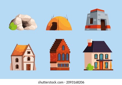 Building evolution. Simple rock cave wooden houses architectural ages ancient buildings dwelling home modern villa garish vector cartoon illustrations