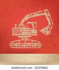 Building excavator on red background,poster grunge design