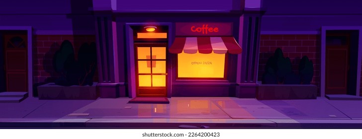 Building exterior with coffee shop or cafe entrance at night. 24 hour open restaurant or diner with lit door and windows on empty dark city street, vector cartoon illustration