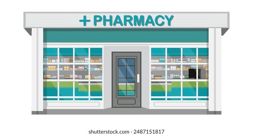 Building exterior front view and interior of drug store or pharmacy shop with shelves of medicines, conceptual vector illustration.