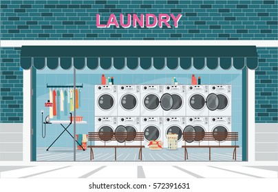 Building exterior front view and interior of laundry room with row of industrial washing machines and facilities for washing clothes, Laundry service banner concept, vector illustration.