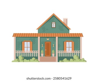 Building exterior, isolated facade of home with porch and fence. Vector house with potted plants decoration. Traditional construction of brick and wood. Real estate, property for living