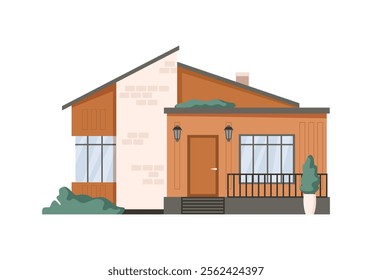 Building exterior of modern house, isolated cottage facade with window and porch with fence. Vector home with leaning roof and chimney, yard with bushes and greenery. Real estate property