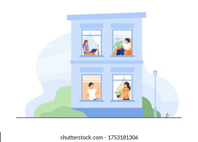 Building exterior with open windows and people inside their apartment. Neighbor women greeting each other, using laptops, reading book. Vector illustration for staying at home, leisure concept