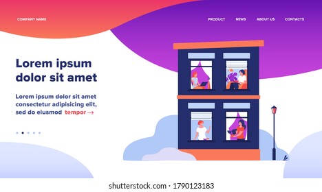 Building exterior with open windows and people inside their apartment. Neighbor women greeting each other, using laptops, reading book. Vector illustration for staying at home, leisure concept