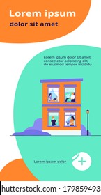 Building exterior with open windows and people inside their apartment. Neighbor women greeting each other, using laptops, reading book. Vector illustration for staying at home, leisure concept