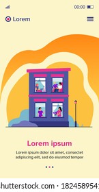 Building exterior with open windows and people inside their apartment. Neighbor women greeting each other, using laptops, reading book. Vector illustration for staying at home, leisure concept