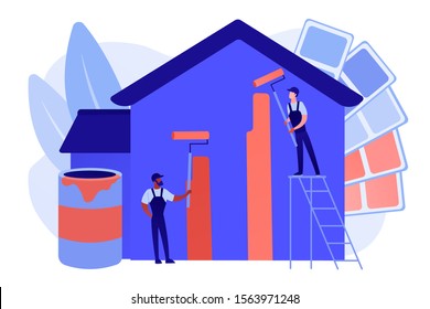 Building exterior renovation. Painter services, best residential and commercial painting, interior and exterior house painters concept. Pinkish coral bluevector isolated illustration