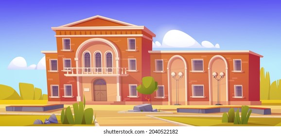 Building exterior of university, college, high school or public library. Vector cartoon illustration of summer landscape with government, museum, court or academy campus building
