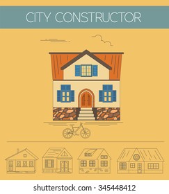 Building exteriors graphic template. Outline and color version set. Vector illustration