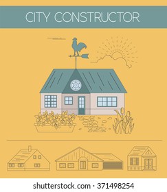 Building exteriors graphic template. Outline and color version set. Vector illustration