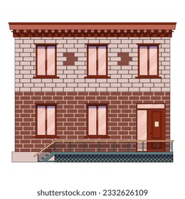 building facade in the city center, dark brick, windows, vector drawing