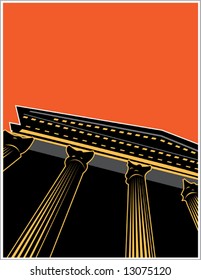 Building facade with columns, black and orange background, vector illustration