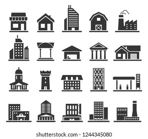 Building facade construction and town home icon set. Flat roof and walls, city house or factory. Vector line art illustration isolated on white background