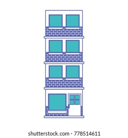 building facade of four floors in blue and purple color sections silhouette