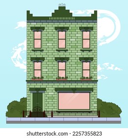 building facade, green brick, old style
