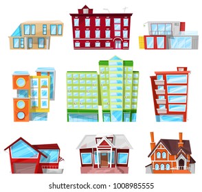 Building facade of house in cityscape vector officebuilding or apartments architectural construction of city bank or hotel and business newbuild set illustration isolated on white background
