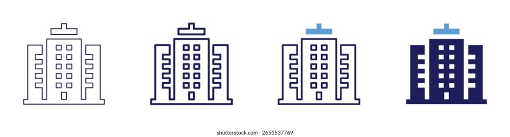 Icono de la fachada del edificio en 4 estilos diferentes. Línea delgada, línea, línea en negrita, duotono. Estilo duotono. Trazo editable.