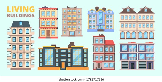 Building facade. Living houses villas urban exterior home downtown vector landscape