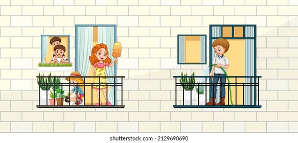 Building facade with people at the windows illustration