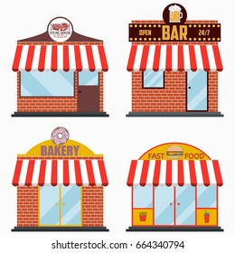 Building facade with signboard set - Steakhouse and Grill Meat Restaurant, Beer Bar, Bakery shop, Fast Food. Vector illustration in flat style.