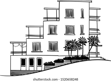 Building facade with terraces and trees at the foreground