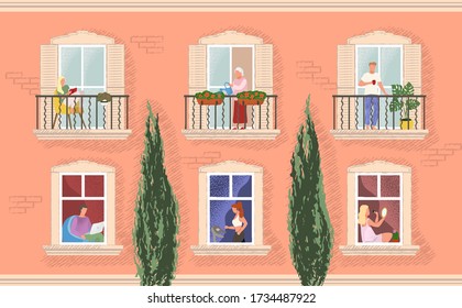 Building facade with windows and people living inside. Men and women reading, drink morning coffee, exercise, watering plants. Concept of neighbors in quarantine. Vector illustration