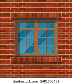 Building facade. Wooden classic window in brick wall. Architecture, building and construction. Vector illustration in flat style