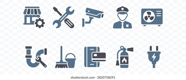 Building facility management, janitorial cleaning, HVAC maintenance, and security service solid icons.