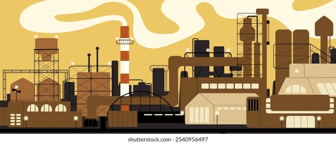 Building of factory with clouds of smoke banner. Construction of chemical plant with chimney tower works, does emissions into air. Pollution from heavy industry, manufactory. Flat vector illustration