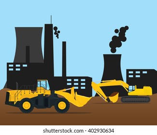 building factory construction development with bulldozer and building sillhouttes