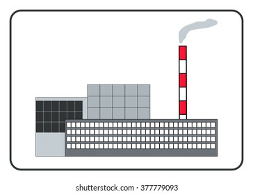 Building of a factory in the frame. Flat style. Icon, isolated on white background. Industrial manufacturing. Detailed modern sign. Symbol of industry, and plant. Design element. Vector illustration.