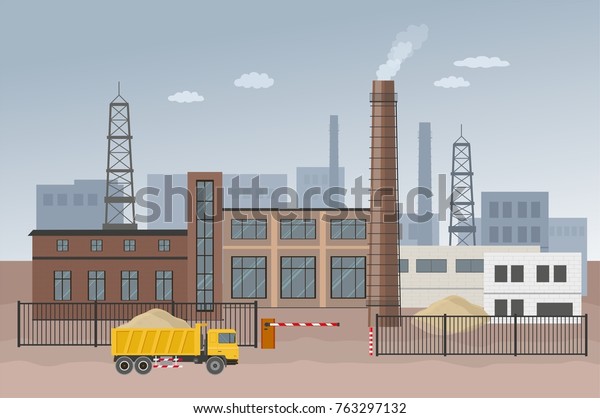 Building factory industry zone. Construction\
specialized transport and lorry. Flat and Colorfull illustration.\
Vector graphic	\
