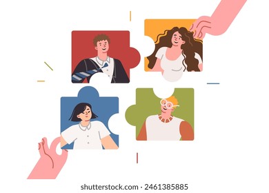 Building family team from puzzles with portraits of children and parents, for intellectual quiz. Concept board game or puzzle for family vacation on weekend or bringing kids together with mom and dad