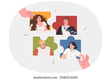 Building family team from puzzles with portraits of children and parents, for intellectual quiz. Concept board game or puzzle for family vacation on weekend or bringing kids together with mom and dad