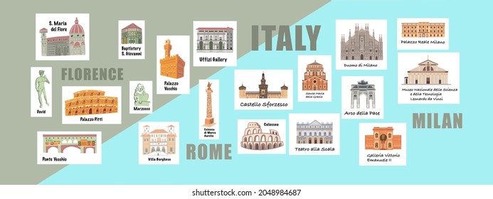 Building famous places Italy stickers. Cartoon doodle art for design. Traditional symbols full color vector illustration.