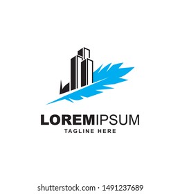 building with feather symbol logo design