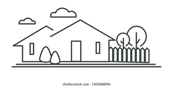 Building with fence and trees, suburban cottage or town house isolated linear icon vector. Exterior or front view, family home, neighborhood. Real estate business, rural architecture with backyard