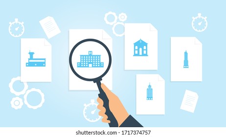 building file, document research vector illustration. Document with search icons. File and magnifying glass. Analytics research sign. Vector Illustration