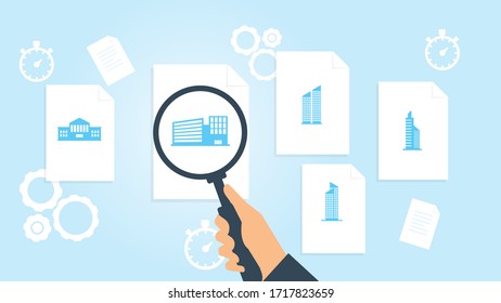 building file, document research vector illustration. Document with search icons. File and magnifying glass. Analytics research sign. Vector Illustration