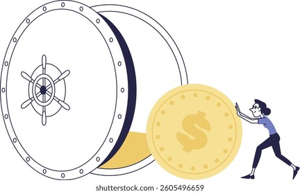 Building a Financial Cushion: Savings for a Stable Future. A woman rolls a large coin into a safe, representing the importance of capital accumulation.