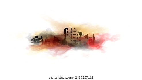 building fire and flames water color painting