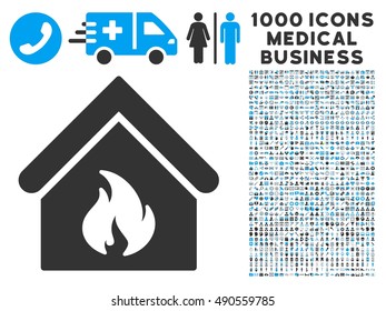 Building Fire icon with 1000 medical commerce gray and blue vector pictograms. Clipart style is flat bicolor symbols, white background.