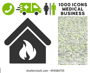 Building Fire Icon With 1000 Medical Commercial Eco Green And Gray Vector Pictographs. Collection Style Is Flat Bicolor Symbols, White Background.