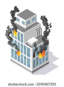 Building in fire, isometric icon burning. Firefighters career concept design. Building and saving people vector illustration