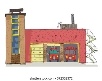 building fire station with fire engines.